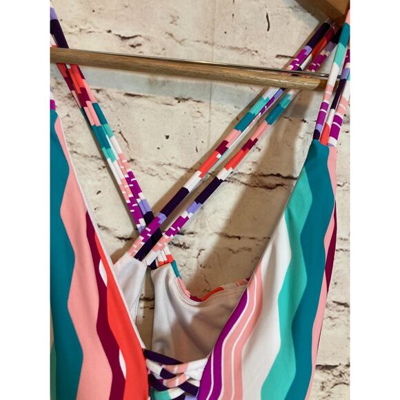Bar III Bathing Suit Womens Medium One Piece Rainbow Striped Open Back Cutout - Picture 2 of 14